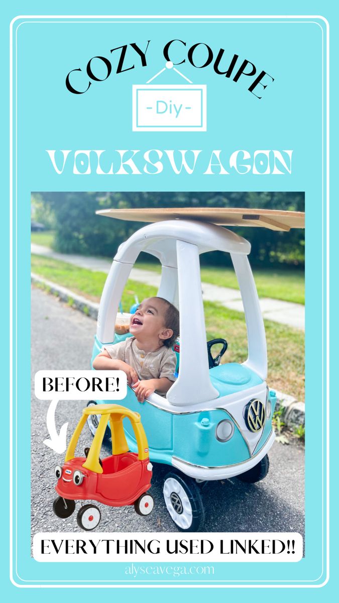 a small child in a toy car with the words copy coup on it and an image of