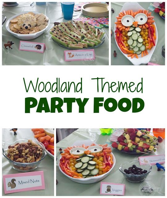 woodland themed party food is displayed on a table