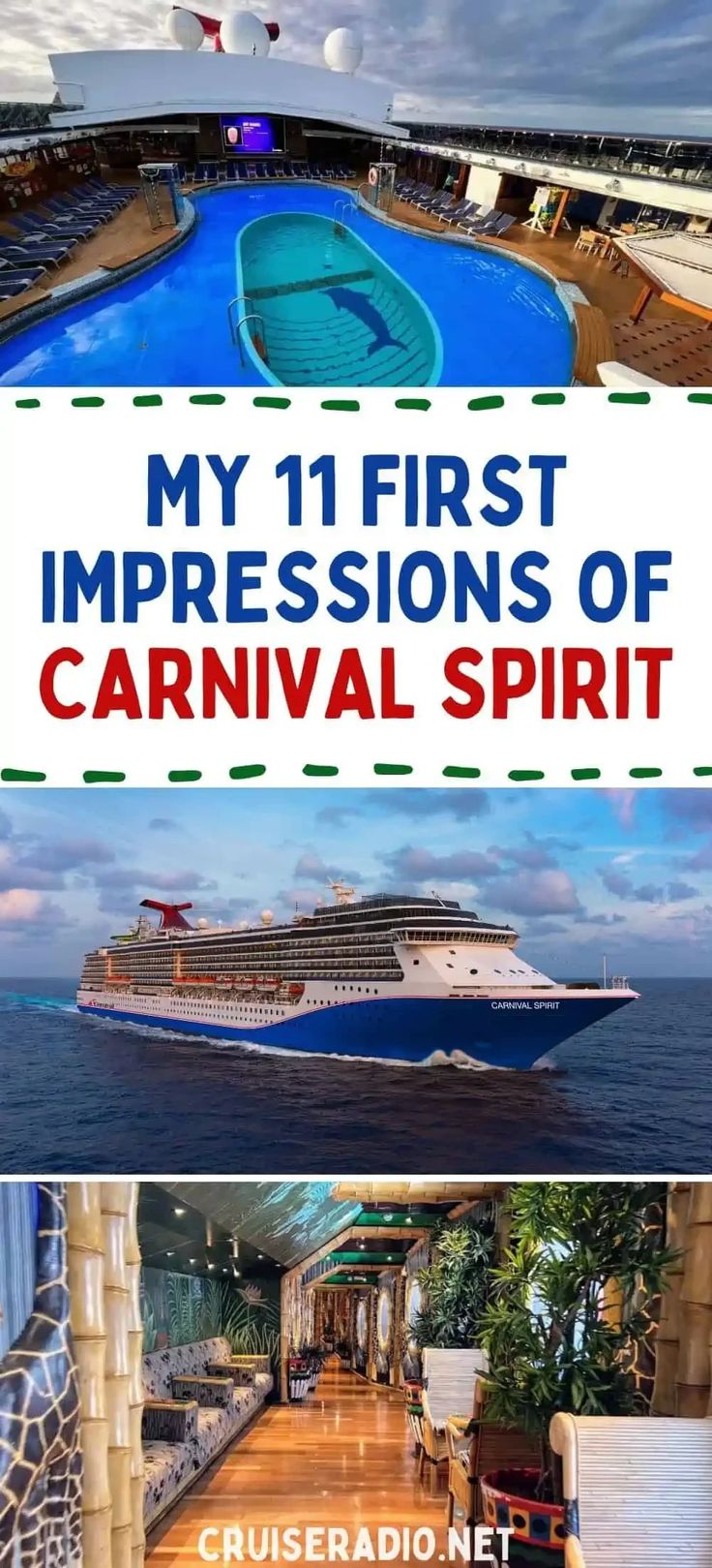 a cruise ship with the words, my first impressions of carnival spirit