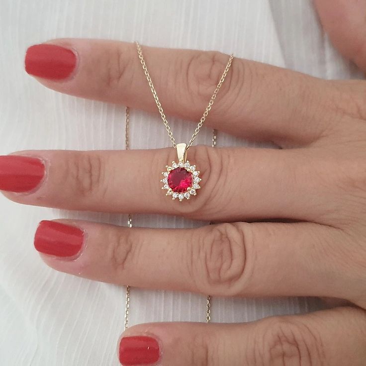 10k 14k 18k Solid Gold Round Cut Ruby Necklace, Gemstone Halo Necklace for Mom, July Birthstone Necklace for Birthday Gift, Christmas Gift - Etsy Round Fine Jewelry Necklaces For Celebration, 14k Gold Birthstone Jewelry For Celebration, Yellow Gold Jewelry With Halo Setting For Valentine's Day, Gold Ruby Necklace With Brilliant Cut, Anniversary Birthstone Necklace With Round Cut Gemstone, Anniversary Round Cut Gemstone Birthstone Necklace, Valentine's Day Yellow Gold Halo Jewelry, Gold Birthstone Necklace With Prong Setting As Gift, 14k Gold Gemstone Necklace For Anniversary