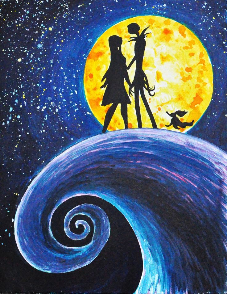 a painting of two people standing on top of a wave in front of the moon