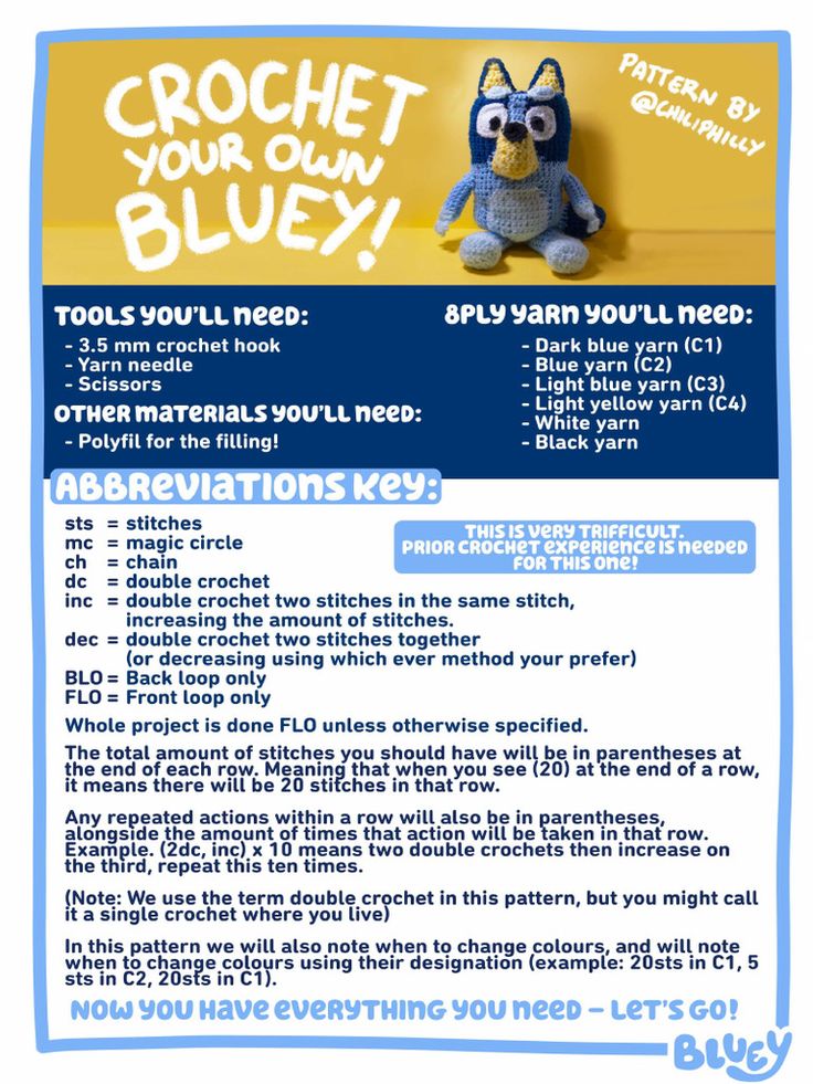 the instructions for how to crochet your own bluey stuffed animal pattern book