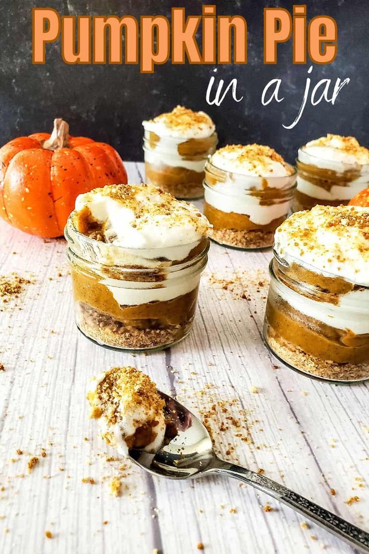 pumpkin pie in a jar on a wooden table