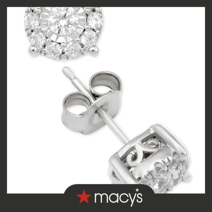 in stock Classic Macy's Jewelry With Halo Design, Classic Halo Design Earrings By Macy's, Classic Macy's Earrings With Halo Design, Macy's Jewelry With Halo Round Cut Design, Macy's Round Cut Halo Design Jewelry, Macy's Diamond Accented Earrings Fine Jewelry, Macy's Halo Design Round Cut Jewelry, Macy's Earrings With Prong Setting, Fine Jewelry 14k White Gold Diamond Earrings