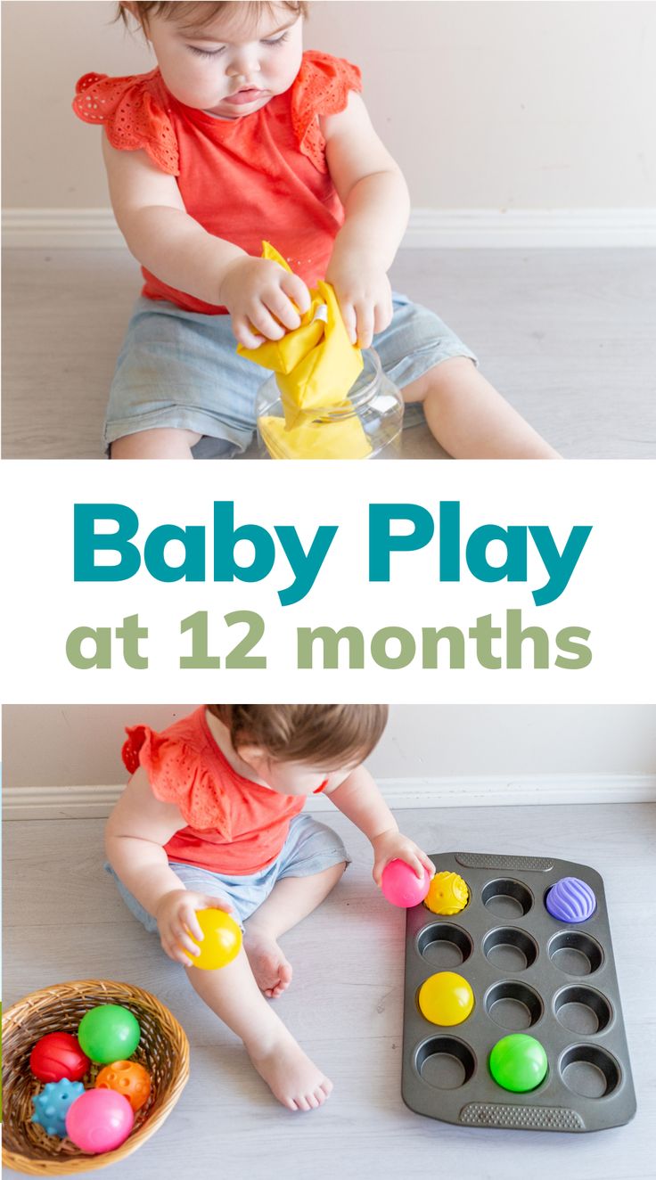 baby play at 12 months with toys in the background and text overlay that reads, baby play at 12 months