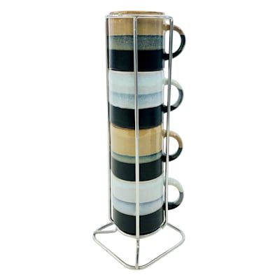 a stack of coffee mugs sitting on top of a metal stand with four cups in it