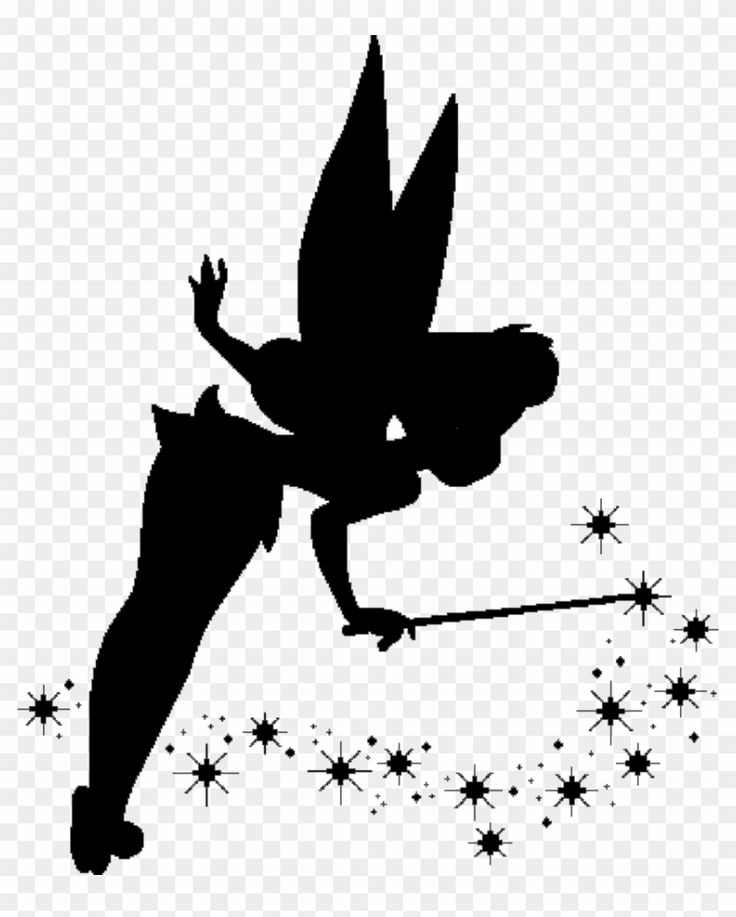 a black and white silhouette of a tinkerbell with stars in the background png