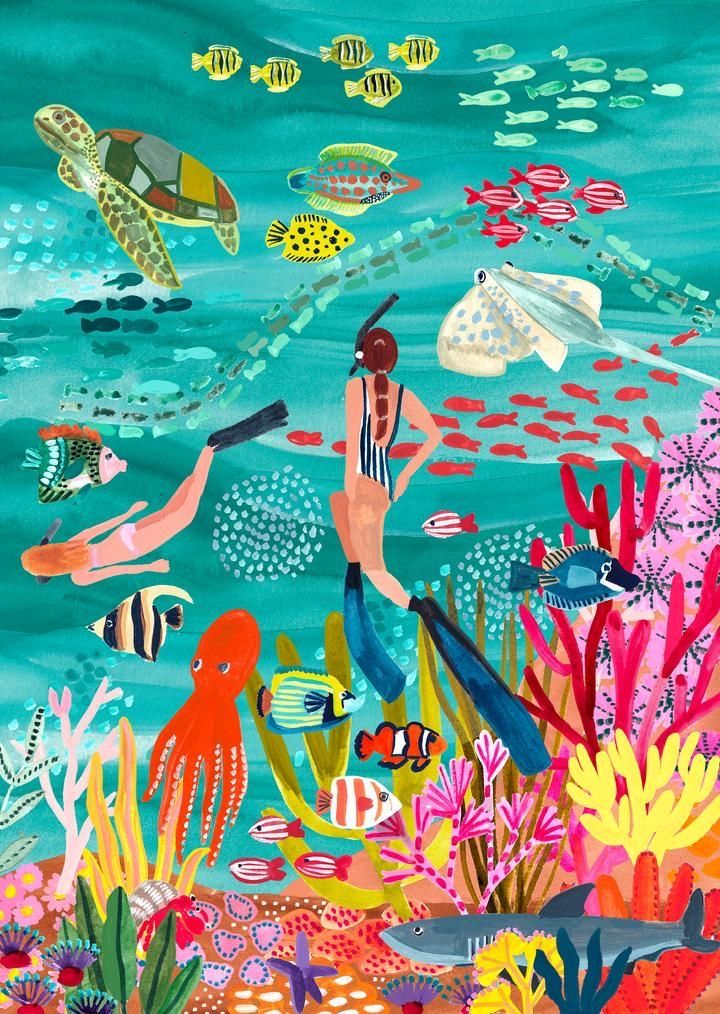 an underwater scene with people swimming in the water and sea creatures around them, including corals