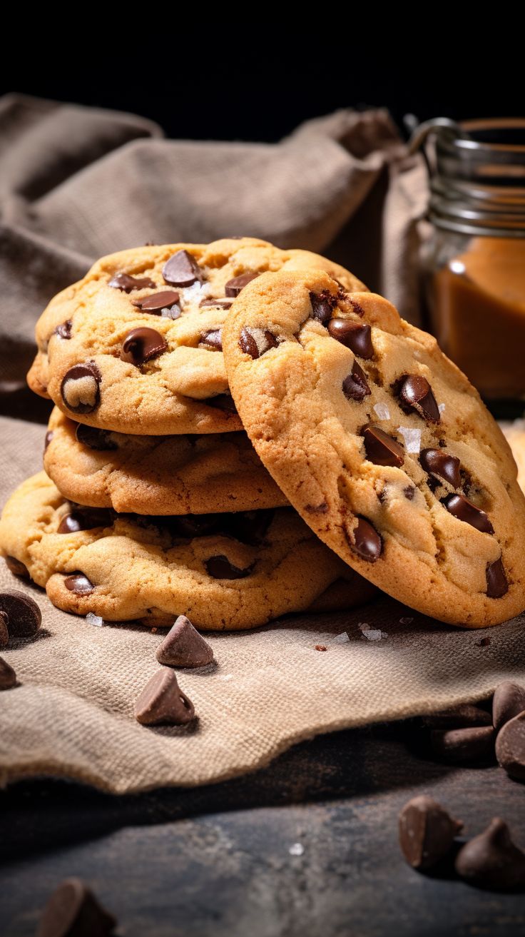 several chocolate chip cookies stacked on top of each other next to a jar of peanut butter