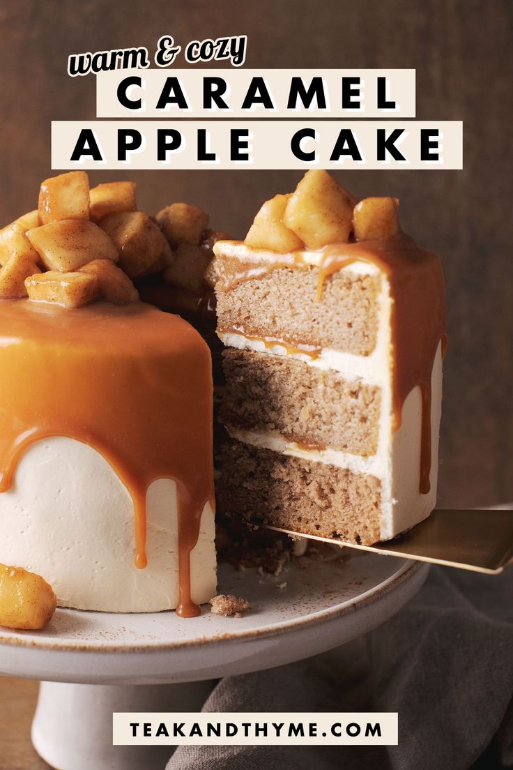 an advertisement for caramel apple cake on a plate