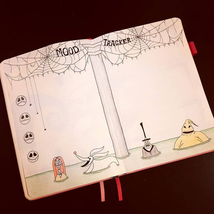 an open notebook with cartoon characters on it and the words mood tracker written in black