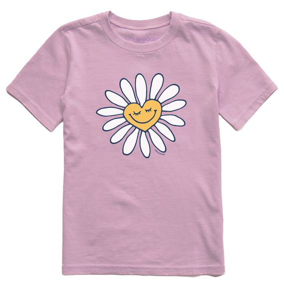 a pink t - shirt with a smiley face on the front and daisies in the back