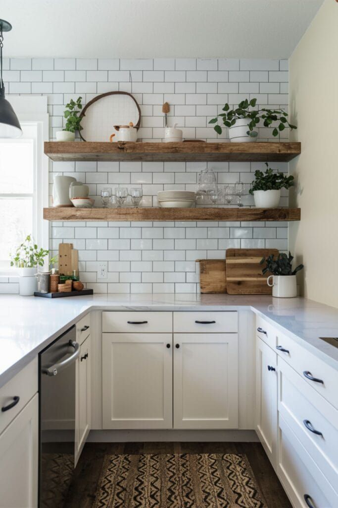 a white kitchen with open shelving and plants on the counter top, along with an area rug