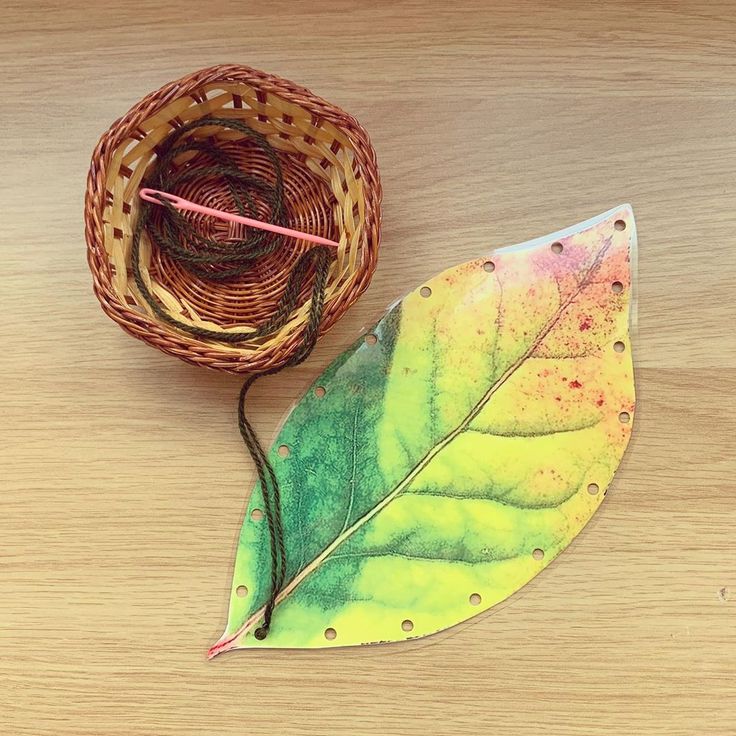 a green leaf sitting next to a basket on top of a wooden table