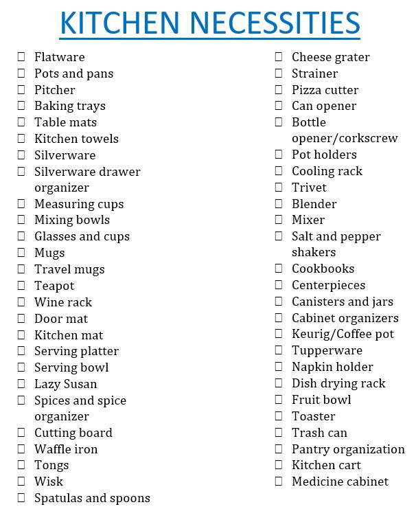 the kitchen necessities list is shown in blue and white, with words above it