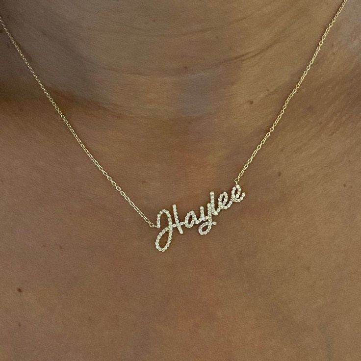 "This 14k personalized diamond name necklace is the perfect gift for the bridal party, someone special, or yourself. If you like dainty jewelry this diamond name plate necklace is perfect for you. If you like bigger pieces please ask us for bigger nameplate options or check our other name plate listing. * 1st letter is capital, rest are lowercase. M A T E R I A L & L E N G T H Available in 14k Yellow Gold, 14k Rose Gold, 14k White Gold, Sterling Silver Thickness: 1.3mm / 0.05\" ( From the bo Personalized Diamond Necklace For Birthday, Custom Name Fine Jewelry Nameplate Necklace, Custom Nameplate Necklace In Fine Jewelry Style, Elegant Customizable Necklace For Birthday Gift, Diamond Nameplate Necklace With Diamond Accents, Diamond Accent Nameplate Necklace, Personalized Name Necklace In Fine Jewelry Style, Fine Jewelry Name Necklace For Personalized Gift, Yellow Gold Custom Name Necklace For Wedding