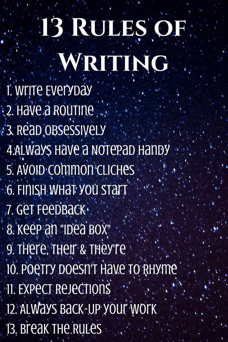 the 13 rules of writing written in front of a night sky with stars on it