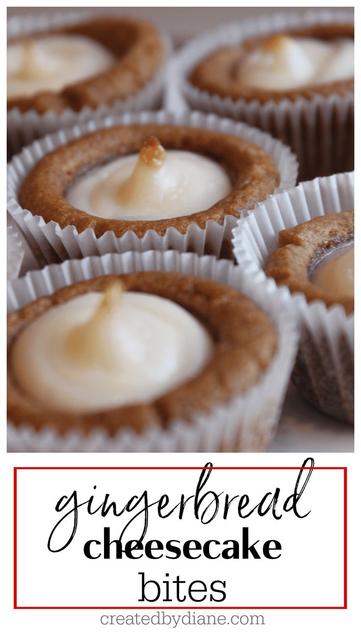 some cupcakes with white frosting on top and the words gingerbread cheesecake bites