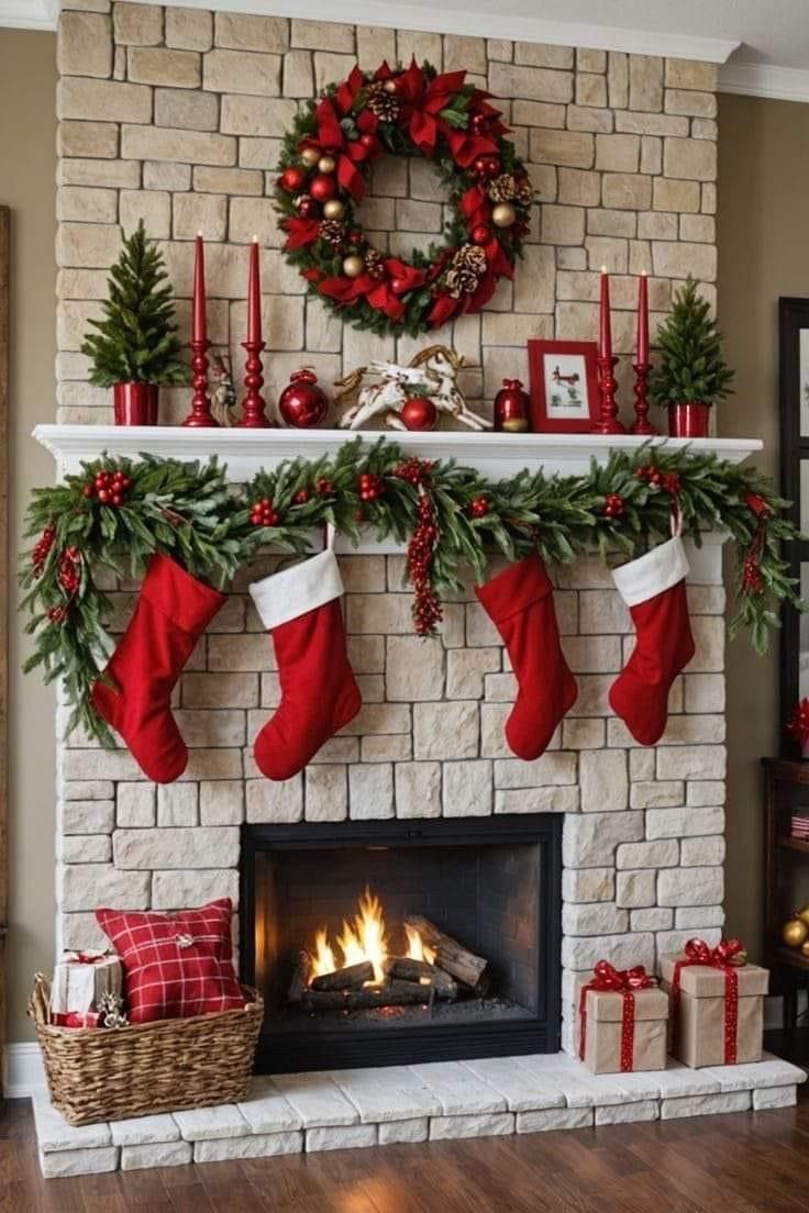 a fireplace decorated for christmas with stockings and wreaths