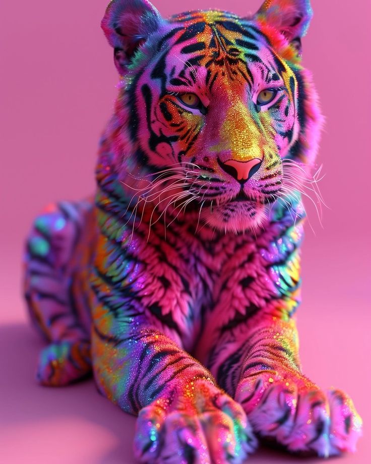 a brightly colored tiger laying down on a pink background