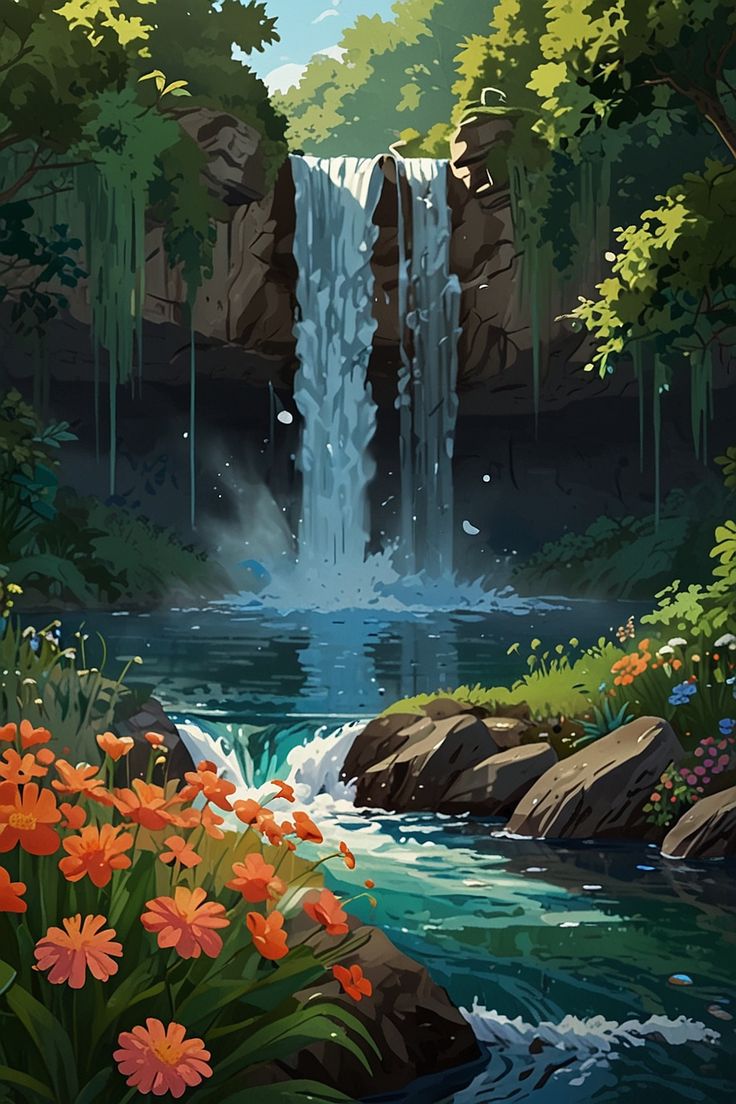 Waterfall in the middle of the green nature full of fl 1 Waterfall City Fantasy Concept Art, Pictures Landscape, Magical Waterfall Art, Nature Background Illustration, Mountain And Waterfall, Drawing Of Forest, Drawing Reference Photos Nature, Waterfall Reference, Enchanted Forest Waterfall