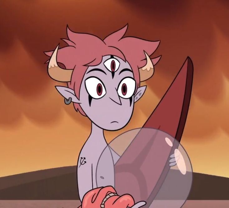 a cartoon character with horns holding an object