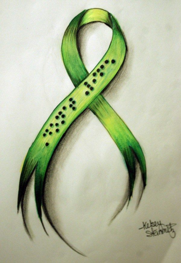 a drawing of a green ribbon with black dots on the end and side of it