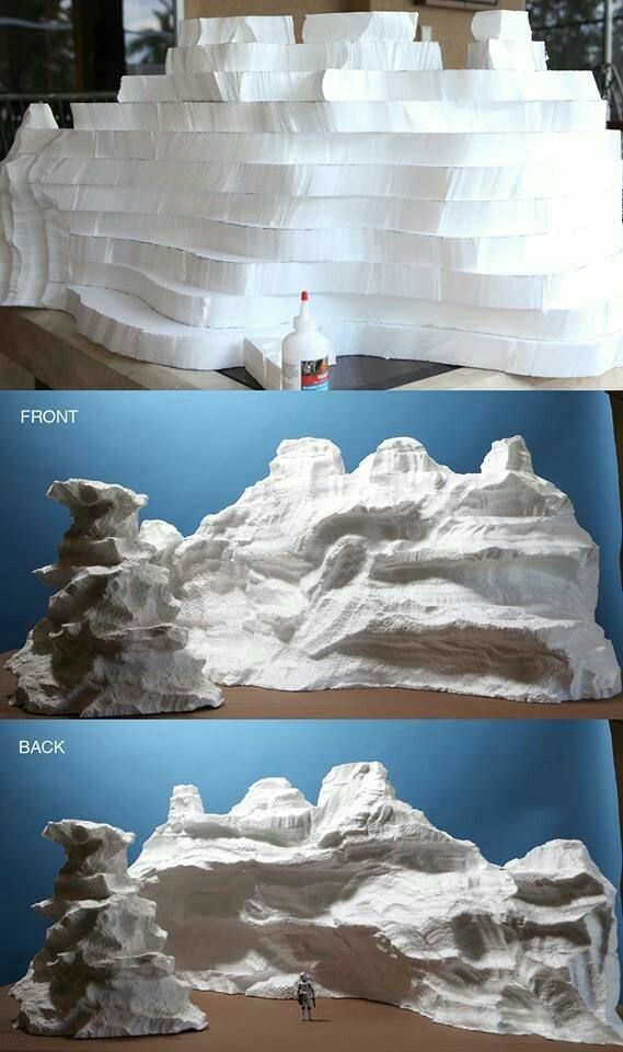 three different views of a mountain made out of paper