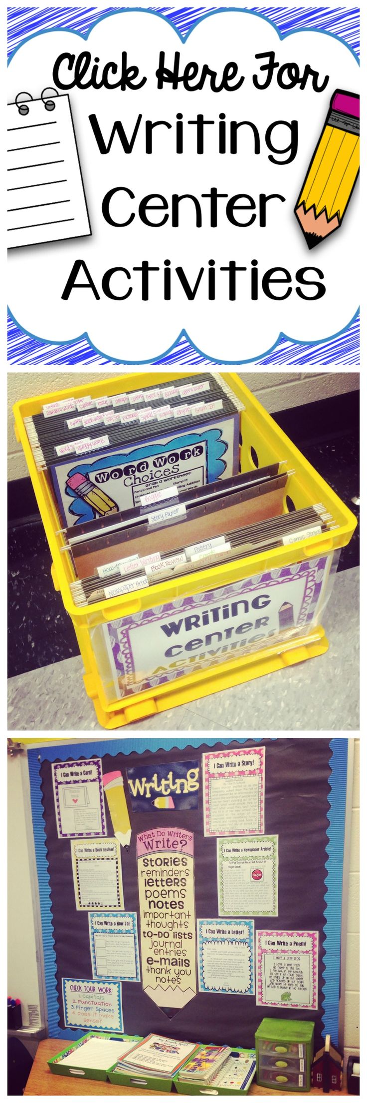 the back to school writing center is filled with activities