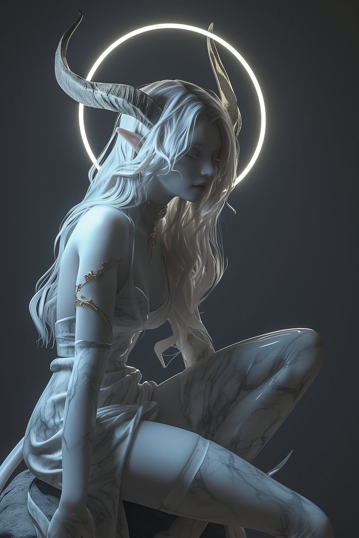 a woman with horns is sitting on the ground in front of a circular light circle