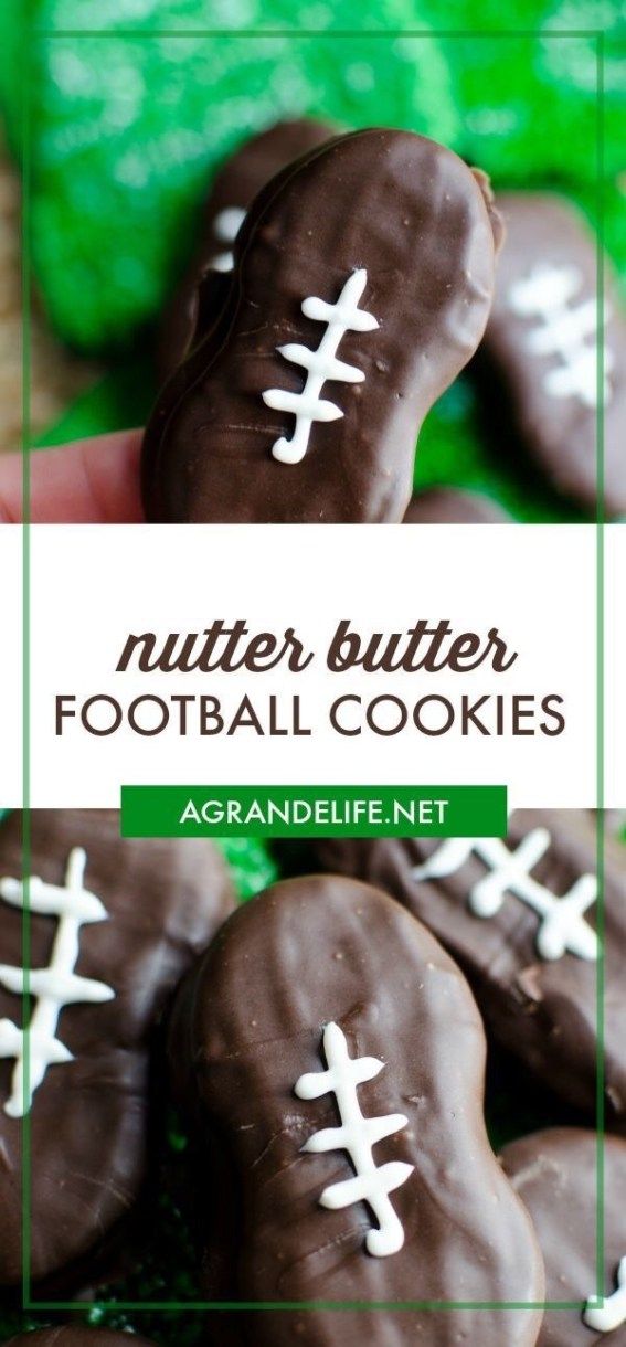 chocolate football cookies with white frosting on top and the words, butter butter football cookies