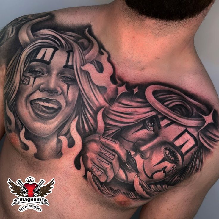 a man with tattoos on his chest has a black and white image of a woman