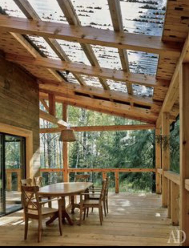 a wooden porch with table and chairs under a pergolated roof over looking the woods