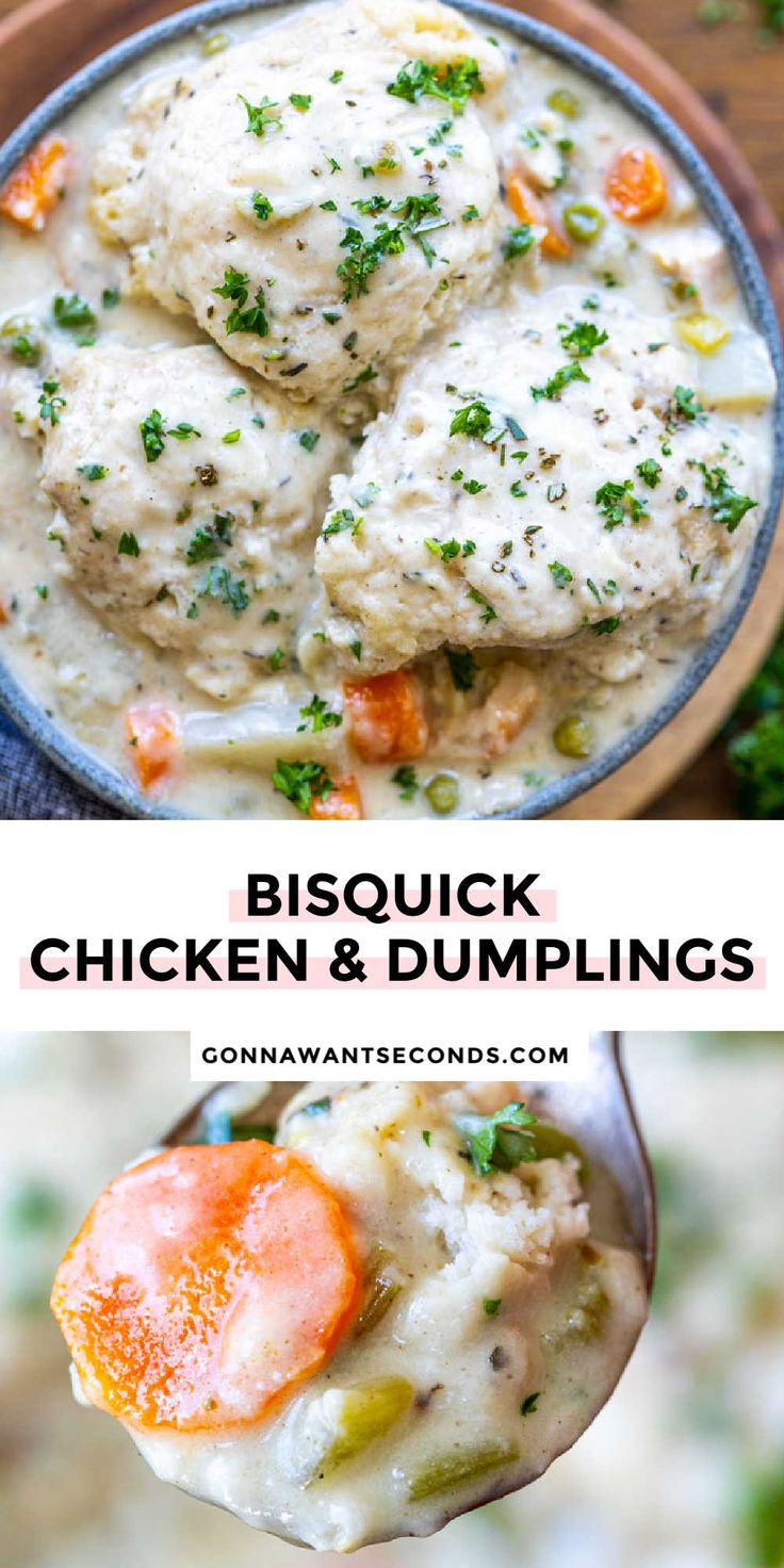 chicken and dumpling soup in a bowl with a spoon