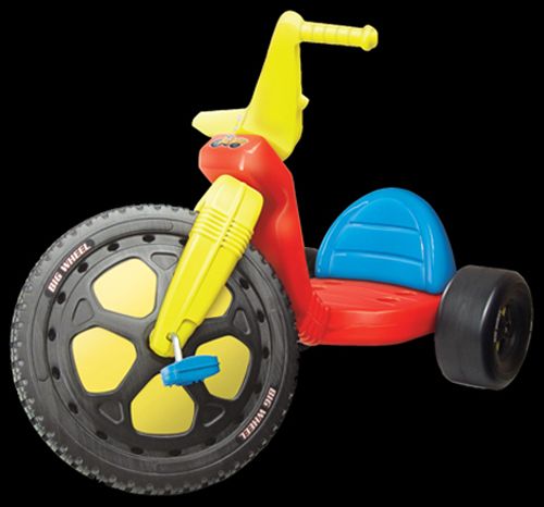 a toy tricycle is shown with wheels