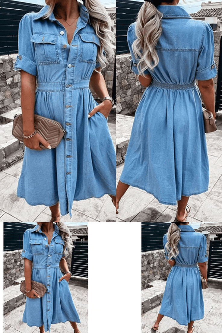 Get a casual shirt dress look with  - Denim Dress. Lightweight denim gives this dress structure Denim Blue Short Sleeve Dresses With Pockets, Trendy Long Sleeve Dresses With Pockets, Cotton Button-up Solid Color Dresses, Medium Wash Cotton Dress With Buttoned Pockets, Medium Wash Summer Dress With Buttoned Pockets, Elegant Button-up Denim Dress With Pockets, Denim Midi Dress With Pockets And Short Sleeves, Spring Denim Blue Dresses With Buttoned Pockets, Spring Denim Blue Dress With Buttoned Pockets