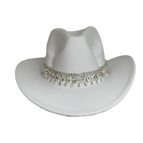 Rhinestone Bling Cowgirl Hat Style: P148 Color shown: White Crown Circumference: 23" Crown Height: 4.5" Brim Height: 3.75" Rhinestone Party Hat For Kentucky Derby, Rhinestone Short Brim Hat For Kentucky Derby, Short Brim Rhinestone Hat For Kentucky Derby, Kentucky Derby Rhinestone Hat With Short Brim, Western Style Silver Hats For Party, Elegant Rhinestone Hats For Festival, Wide Brim Hat With Rhinestones For Kentucky Derby, Adjustable Rhinestone Hat Bands For Party, Adjustable White Hat Bands For Party