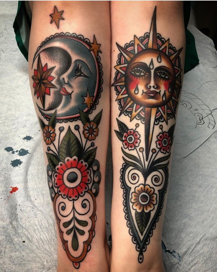 two tattoos on both legs that have different designs