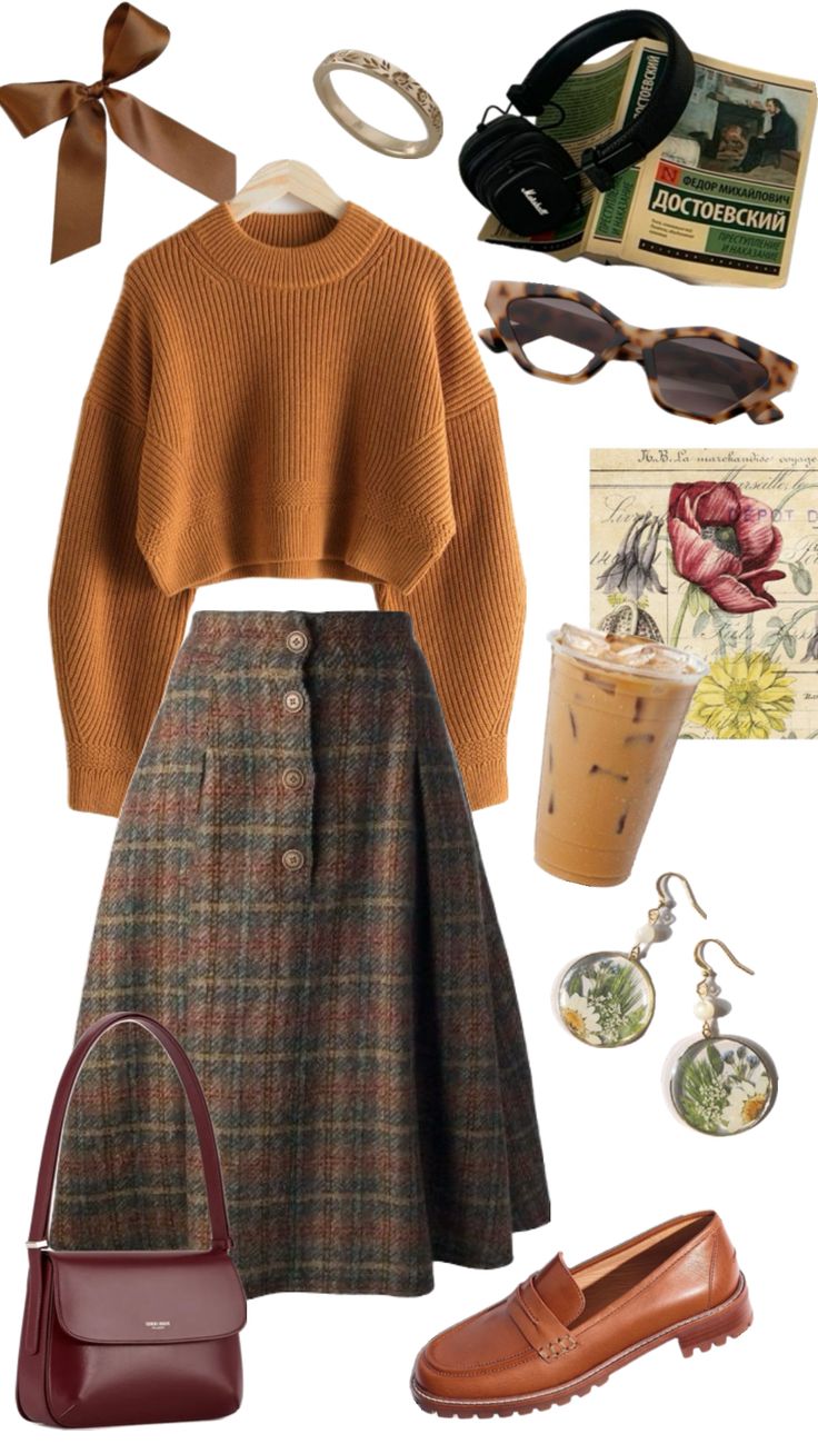 Warm Tones Fall Outfit Inspiration Autumn Cottage Core Outfits, Cottage Fall Outfit, Summer Safari Outfit, Fall Mood Board Aesthetic Clothes, Neutral Aesthetic Clothing, Folk Outfit Woman, Cute Autumn Outfit, 70s Inspired Fall Fashion, Fall Romantic Outfits