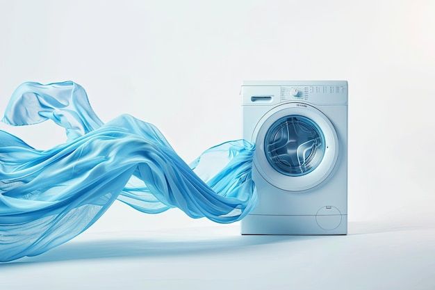 a white washing machine with blue flowing fabric on it's front and back doors