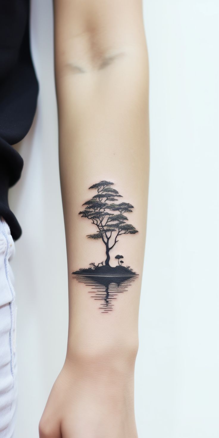 Underarm tattoo showcasing a tree by a peaceful lake, its silhouette mirrored in the water. A design celebrating nature's beauty, growth, and harmony. Geometric Tattoo Tree, Tree Tattoo Art, Reflection Tattoo, Tree Sleeve Tattoo, Underarm Tattoo, Artsy Tattoos, Inner Forearm Tattoo, Tree Tattoos, Realistic Tattoo Sleeve