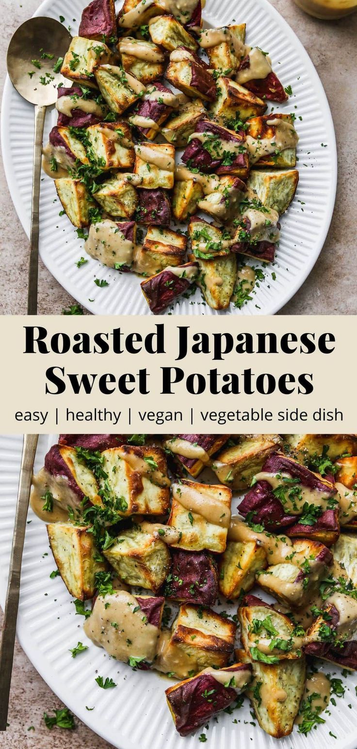 roasted japanese sweet potatoes on a white plate