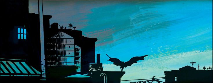 a painting of a bat flying in the sky over some buildings at night with blue and green colors