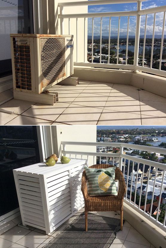 two pictures of the same balcony with an air conditioner