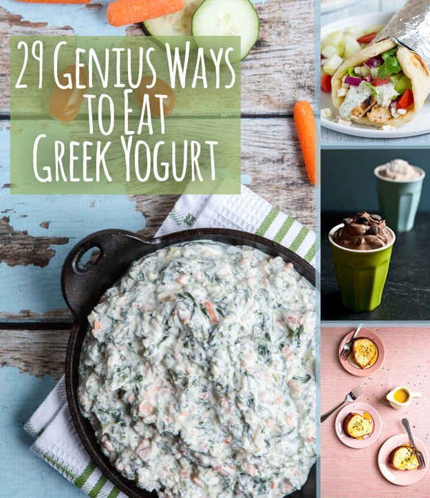 some food that is sitting on top of a table with the words 29 genius ways to eat greek yogurt