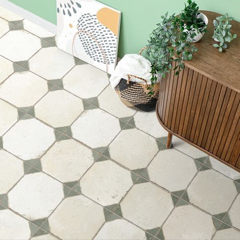 an overhead view of a tiled floor with potted plants on the sideboard and green walls