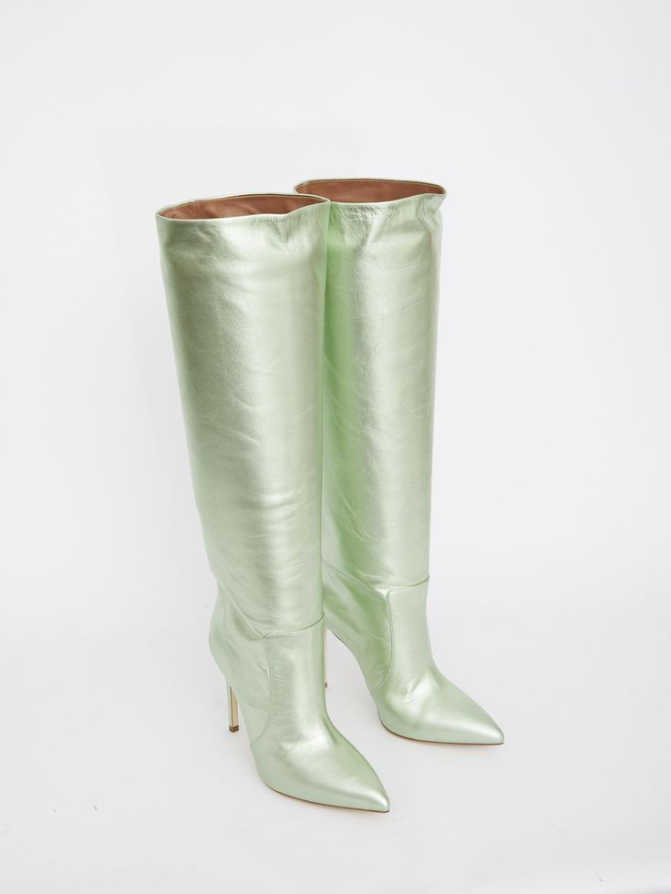 Knee-high boots in green metallic leather. Pointed toe and stiletto heel. Suede sole. Heel height: 10,5cm ITA size.  Size nationality: ITA  Product number: 33546838  Product code: PX501XLTM3SPRING GREEN  Composition: 100% leather Luxury Metallic Boots With Pointed Toe, Luxury Metallic Pointed Toe Boots, Elegant Green Boots For Party, Chic Green Pointed Toe Heeled Boots, Luxury High Heel Metallic Boots, Green High Ankle Party Boots, Luxury Metallic High Heel Boots, Luxury Metallic Evening Boots, Metallic High Heel Leather Boots