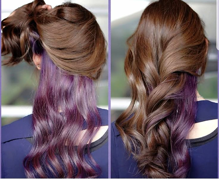 Purple peek a boo Brown Hair Lavender Underneath, Peekaboo Ombre Hair, Purple Peek A Boo Highlights Brown Hair, Light Brown Hair With Vivid Color, Peek A Book Hair Color, Peek A Boo Color Hair, Peak A Boo Hair Color Brown, Perk A Boo Hair Color, Peek A Boo Hair Color Ideas Brown