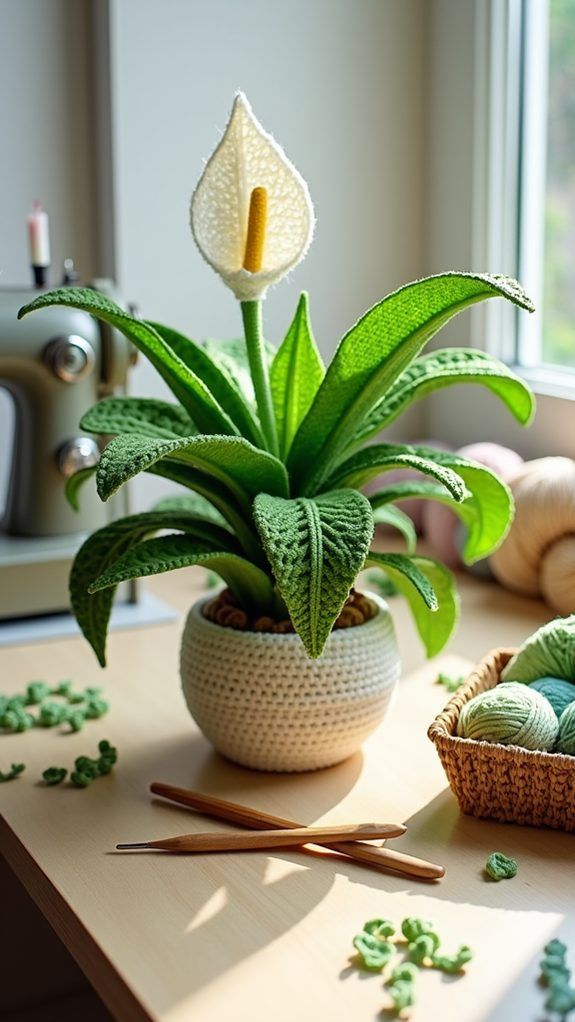 a potted plant sitting on top of a table next to knitting needles and yarn