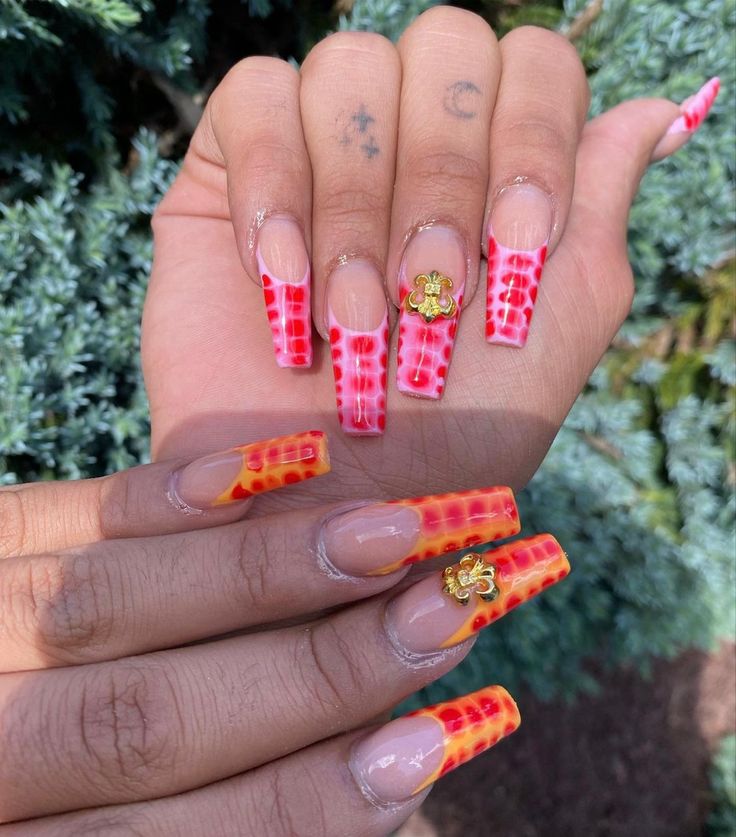 Bright red, orange and pink french tips with snake print design and golden charms Croc Print French Tip Nails, Print French Tip Nails, Neon Snake, Snake Skin Nails, Pink French Tips, Nails Charms, Pink French, Croc Print, French Tips